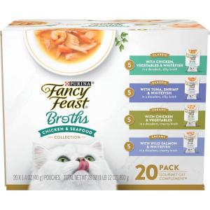 imagePurina Fancy Feast Broth Complement Chicken and Seafood Lickable Grain Free Wet Cat Food Variety Pack  Pack of 20 14 oz Pouches