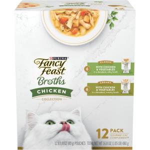 imagePurina Fancy Feast Chicken Broth Complement Lickable Grain Free Wet Cat Food Variety Pack  Pack of 12 14 oz Pouches