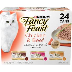 imagePurina Fancy Feast Chicken and Beef Classic Pate Collection Grain Free Wet Cat Food Variety Pack  Pack of 24 3 Oz PullTop CansChicken  Beef