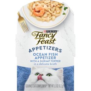 imagePurina Fancy Feast Lickable Appetizers Grain Free Wet Cat Food Topper Ocean Fish Appetizer with a Shrimp Cat Food Topper  Pack of 10 11 oz Trays