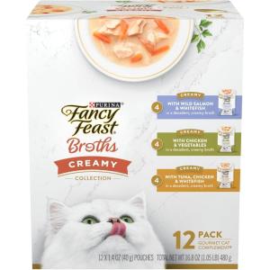 imagePurina Fancy Feast Lickable Broth Topper Complement Creamy Wet Cat Food Variety Pack  Pack of 12 14 oz Pouches