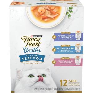 imagePurina Fancy Feast Lickable Wet Cat Food Broth Complement Classics Collection Variety Pack  Pack of 12 14 oz Pouches