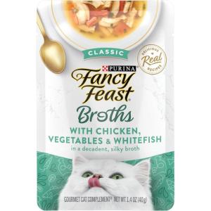 imagePurina Fancy Feast Lickable Wet Cat Food Broth Topper Classic Chicken Vegetables and Whitefish  Pack of 16 14 oz Pouches