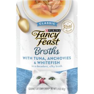 imagePurina Fancy Feast Lickable Wet Cat Food Broth Topper Classic With Tuna Anchovies and Whitefish  Pack of 16 14 oz Pouches