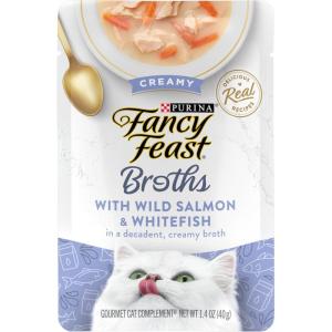 imagePurina Fancy Feast Lickable Wet Cat Food Broth Topper Creamy Wild Salmon and Whitefish  Pack of 16 14 oz Pouches