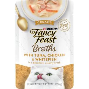 imagePurina Fancy Feast Lickable Wet Cat Food Broth Topper Creamy With Tuna Chicken and Whitefish  Pack of 16 14 oz Pouches