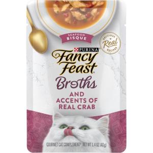 imagePurina Fancy Feast Lickable Wet Cat Food Broth Topper Seafood Bisque and Accents of Real Crab  Pack of 16 14 oz Pouches