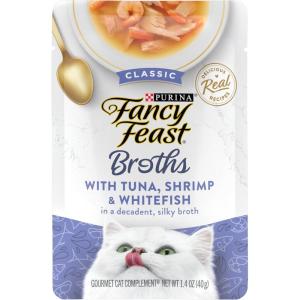 imagePurina Fancy Feast Limited Ingredient Wet Cat Food Complement Broths With Tuna Shrimp ampamp Whitefish  Pack of 16 14 oz Pouches