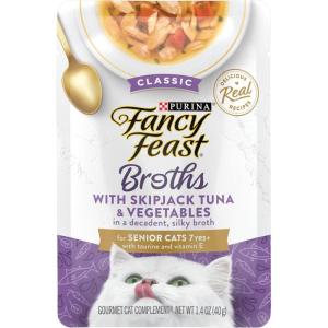 imagePurina Fancy Feast Lickable Senior Wet Cat Food Broth Topper Classic with Skipjack Tuna and Vegetables  Pack of 16 14 Oz PouchesSenior Tuna  Vegetables