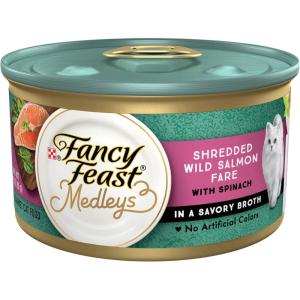 imagePurina Fancy Feast Wet Cat Food Medleys Shredded Wild Salmon Fare With Spinach in a Savory Cat Food Broth  Pack of 24 3 oz Cans